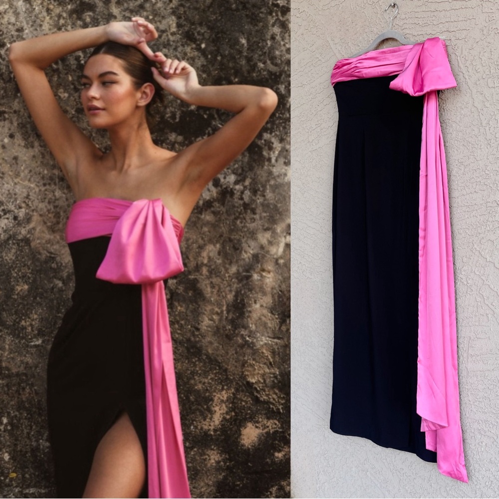 HUTCH NWT BLOGGER Black Pink Satin Drape Strapless Column Maxi Dress Serina Gown - Picture 9 of 17